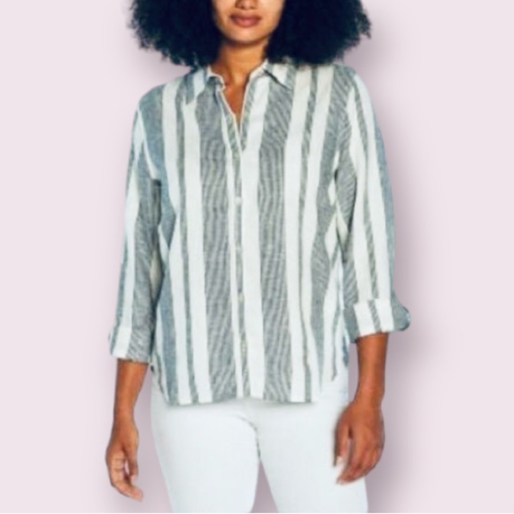 Orvis Long Sleeve Linen Blend Top in Island Stripe in Navy & White